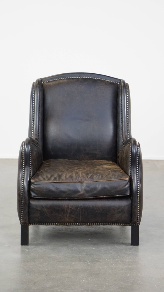 Image 1 of Zwarte Rundleren Fauteuil 