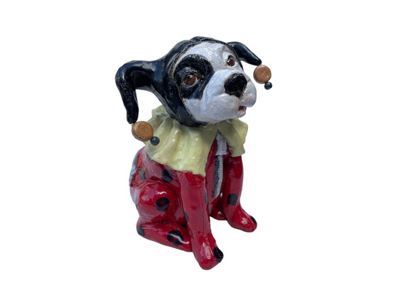 Image 1 of Keramiek kunst hond in clowns kostuum