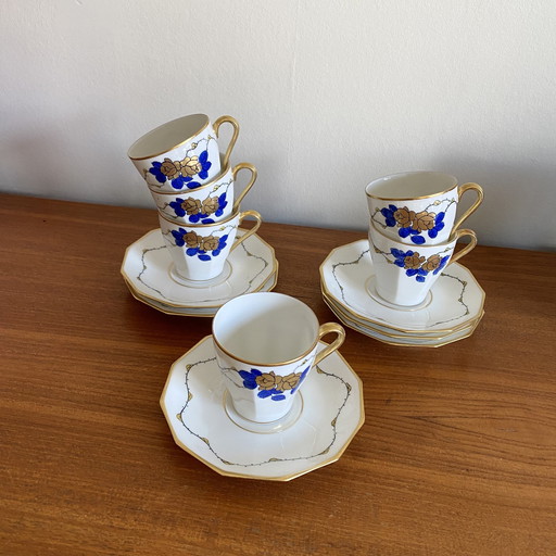 Set van 6 Antieke Limoges Porseleinen Expresso Koffiekopjes Blauw en Goud Décor