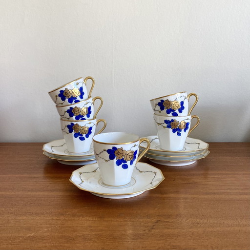 Set van 6 Antieke Limoges Porseleinen Expresso Koffiekopjes Blauw en Goud Décor