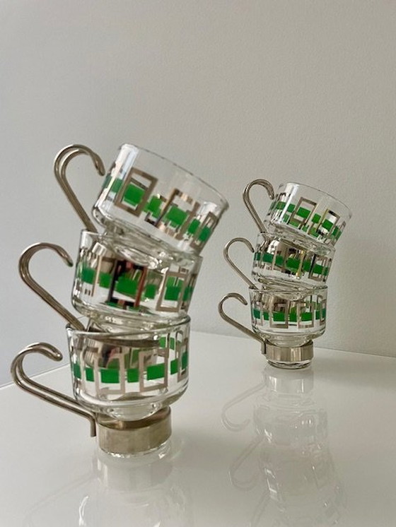 Image 1 of 6X Vintage Espressomokjes Glas/Chroom Met Groen/Zilver Retro Dessin