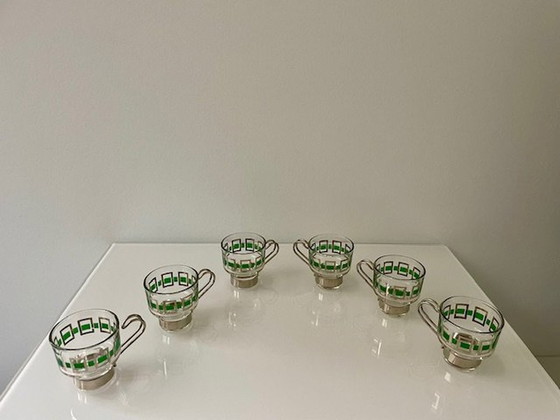 Image 1 of 6X Vintage Espressomokjes Glas/Chroom Met Groen/Zilver Retro Dessin