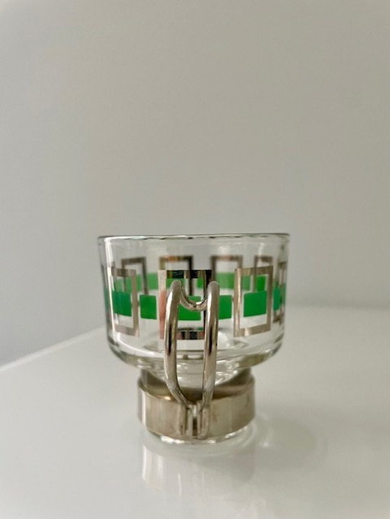 Image 1 of 6X Vintage Espressomokjes Glas/Chroom Met Groen/Zilver Retro Dessin