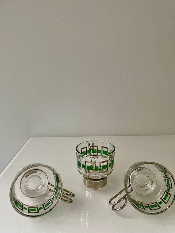 Image 1 of 6X Vintage Espressomokjes Glas/Chroom Met Groen/Zilver Retro Dessin