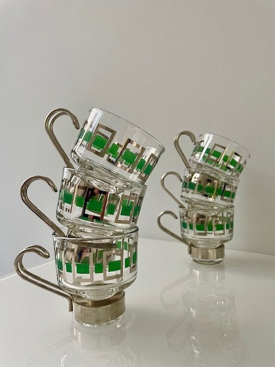 Image 1 of 6X Vintage Espressomokjes Glas/Chroom Met Groen/Zilver Retro Dessin