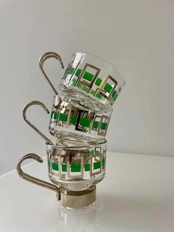 Image 1 of 6X Vintage Espressomokjes Glas/Chroom Met Groen/Zilver Retro Dessin