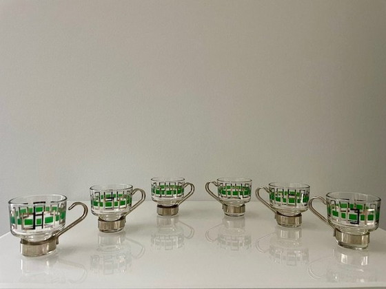 Image 1 of 6X Vintage Espressomokjes Glas/Chroom Met Groen/Zilver Retro Dessin