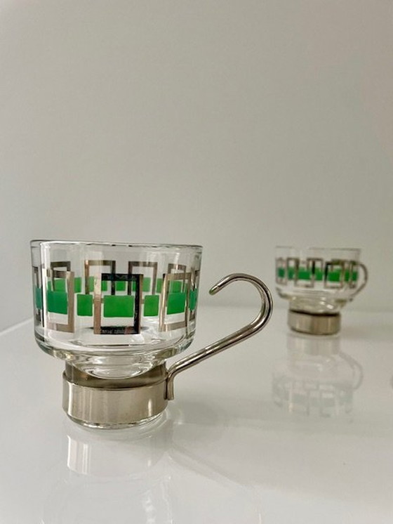 Image 1 of 6X Vintage Espressomokjes Glas/Chroom Met Groen/Zilver Retro Dessin