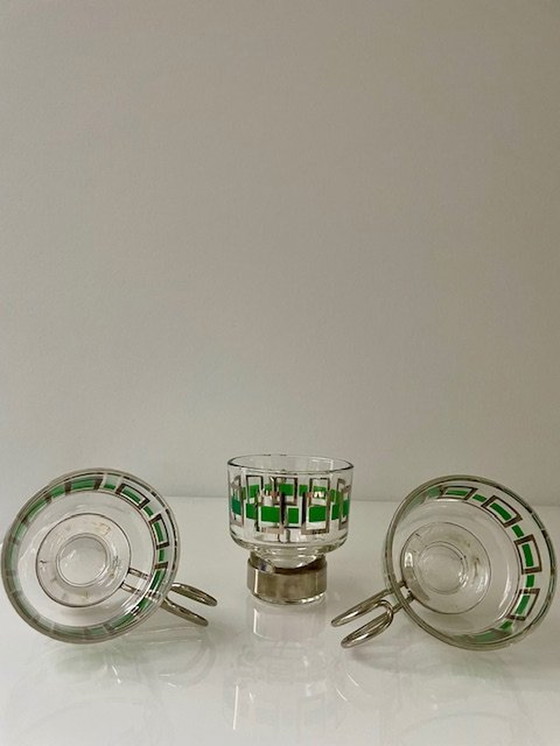 Image 1 of 6X Vintage Espressomokjes Glas/Chroom Met Groen/Zilver Retro Dessin