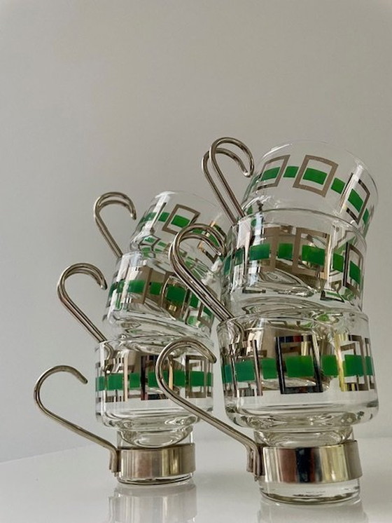 Image 1 of 6X Vintage Espressomokjes Glas/Chroom Met Groen/Zilver Retro Dessin