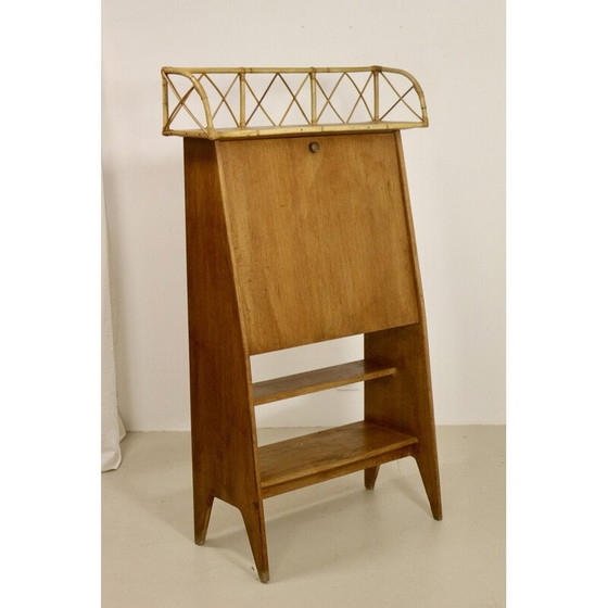 Image 1 of Vintage secretaire in licht hout en rotan, 1960