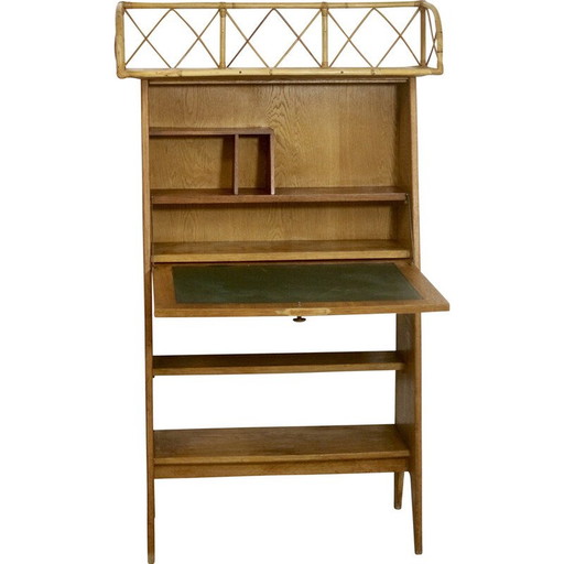 Vintage secretaire in licht hout en rotan, 1960