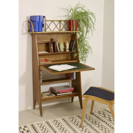 Vintage secretaire in licht hout en rotan, 1960