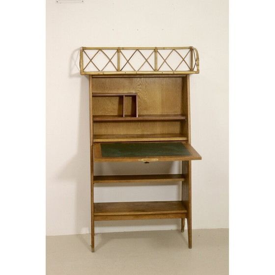 Image 1 of Vintage secretaire in licht hout en rotan, 1960