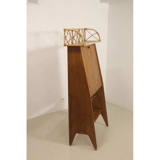 Image 1 of Vintage secretaire in licht hout en rotan, 1960