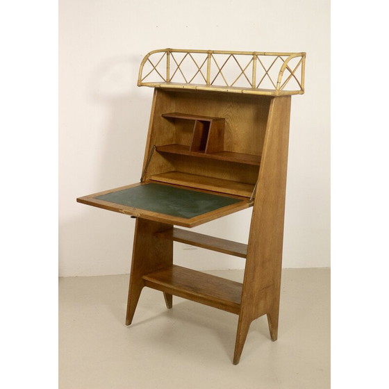 Image 1 of Vintage secretaire in licht hout en rotan, 1960