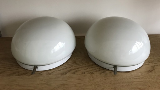 2 x Vintage Opaline Glazen Plafonnière Plafondlamp Massive, Jaren '70/'80