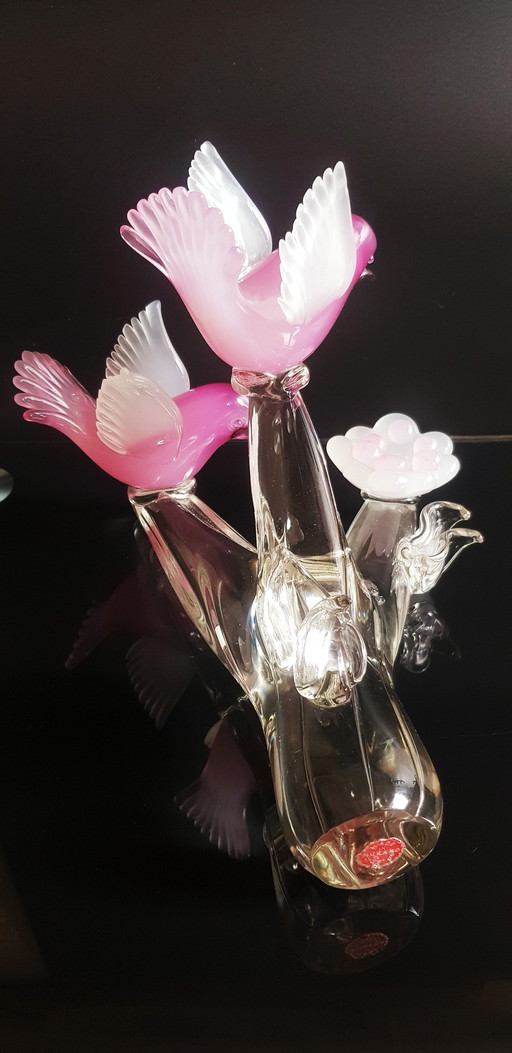 Archimede Seguso Murano Glas Roze Opaline Vogels Op De Tak