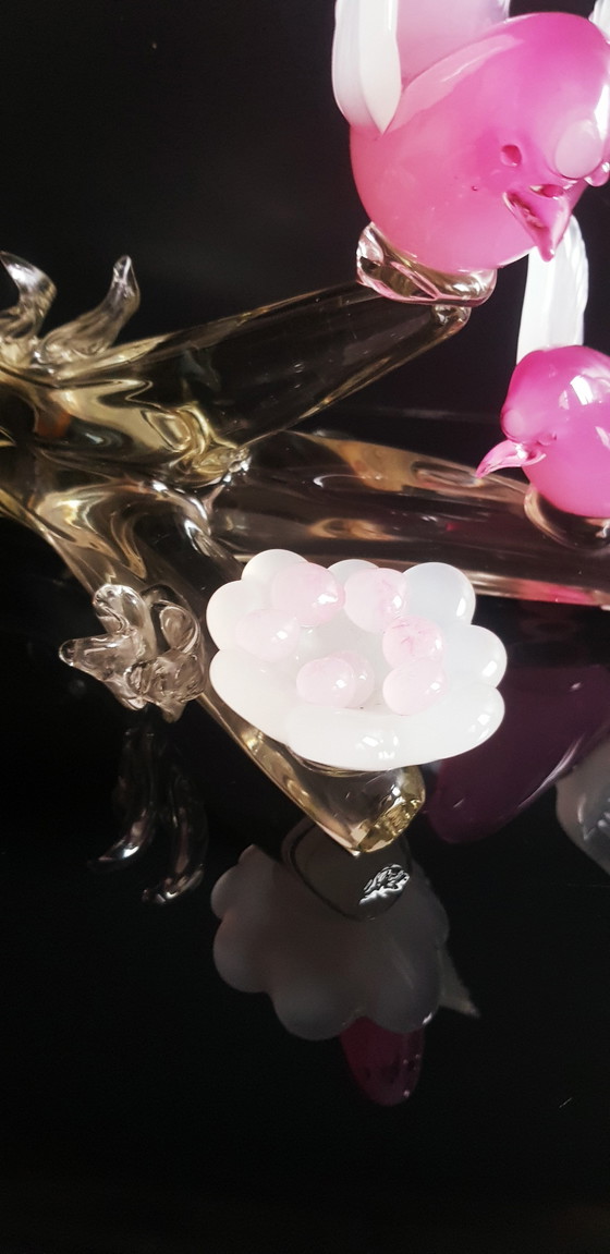 Image 1 of Archimede Seguso Murano Glas Roze Opaline Vogels Op De Tak