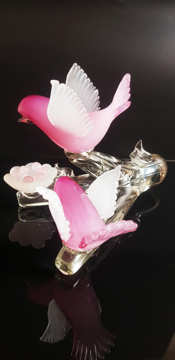 Image 1 of Archimede Seguso Murano Glas Roze Opaline Vogels Op De Tak