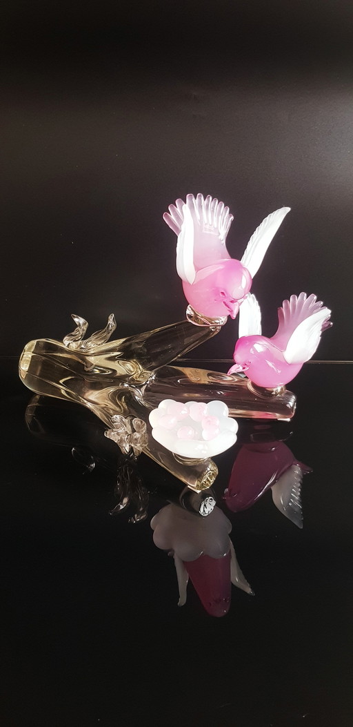 Archimede Seguso Murano Glas Roze Opaline Vogels Op De Tak