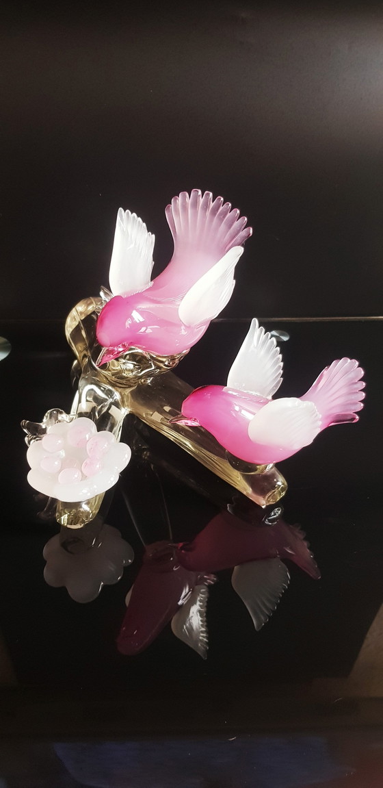 Image 1 of Archimede Seguso Murano Glas Roze Opaline Vogels Op De Tak