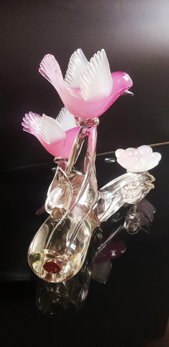 Image 1 of Archimede Seguso Murano Glas Roze Opaline Vogels Op De Tak