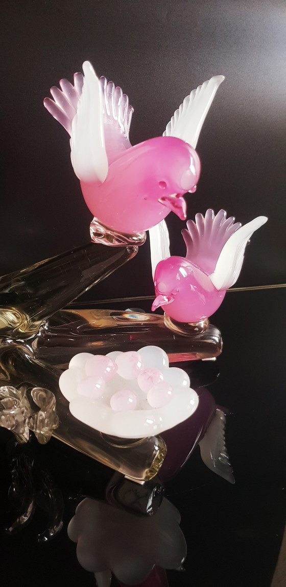 Image 1 of Archimede Seguso Murano Glas Roze Opaline Vogels Op De Tak