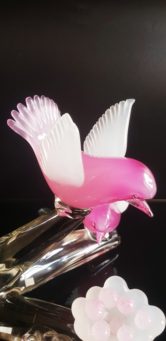 Image 1 of Archimede Seguso Murano Glas Roze Opaline Vogels Op De Tak