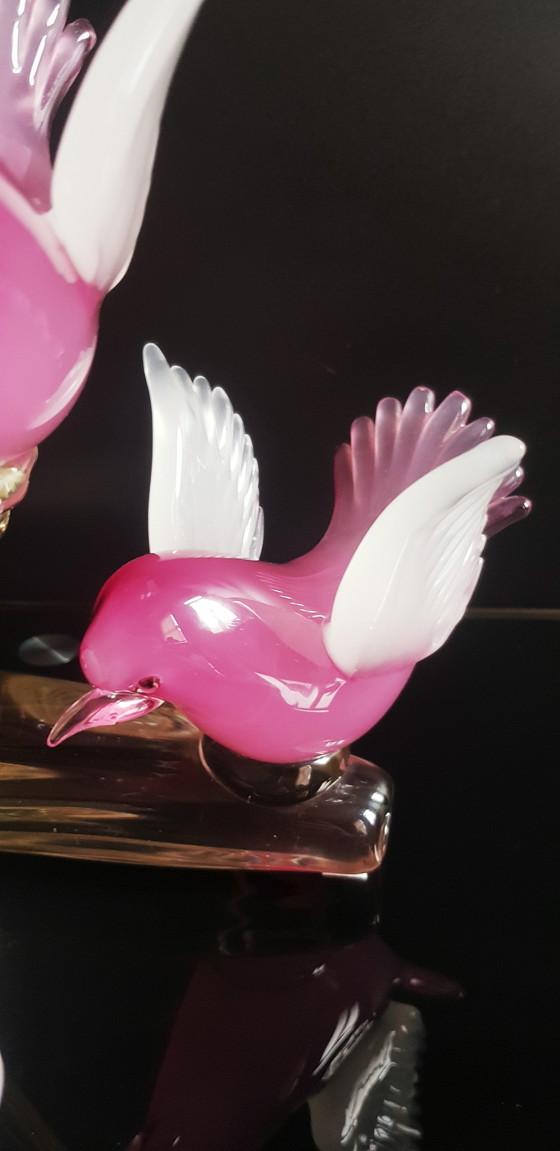 Image 1 of Archimede Seguso Murano Glas Roze Opaline Vogels Op De Tak