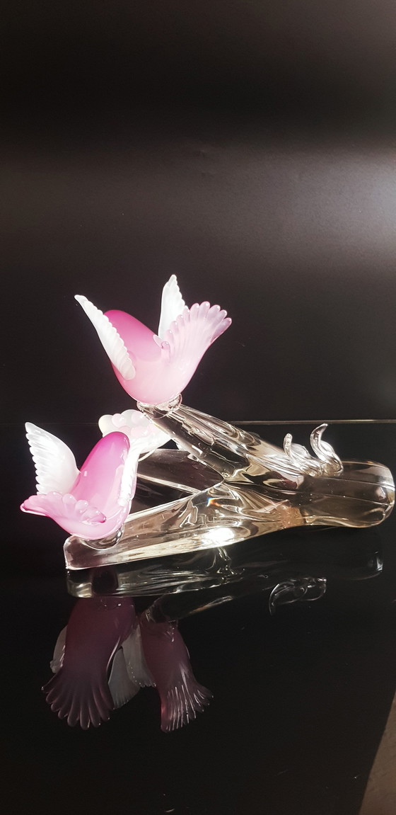 Image 1 of Archimede Seguso Murano Glas Roze Opaline Vogels Op De Tak