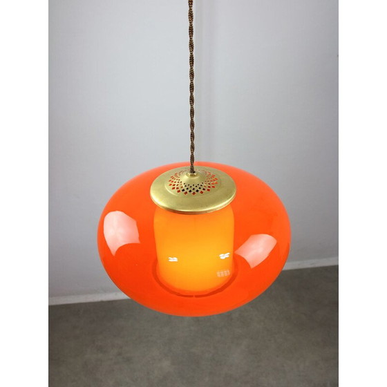 Image 1 of Vintage hanglamp van messing en oranje glas, Italië 1960