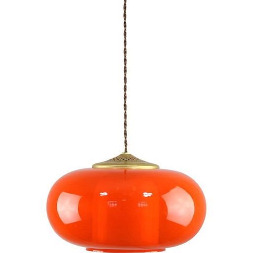 Vintage hanglamp van messing en oranje glas, Italië 1960
