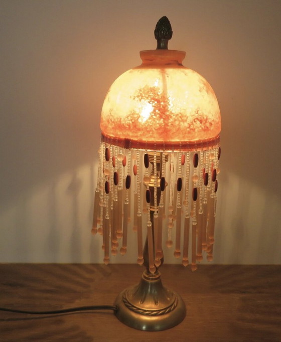 Image 1 of Victoriaanse Brons en Marmora Glas Kralen Franje Lamp 1960