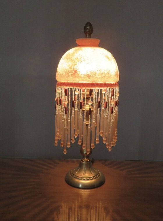 Image 1 of Victoriaanse Brons en Marmora Glas Kralen Franje Lamp 1960