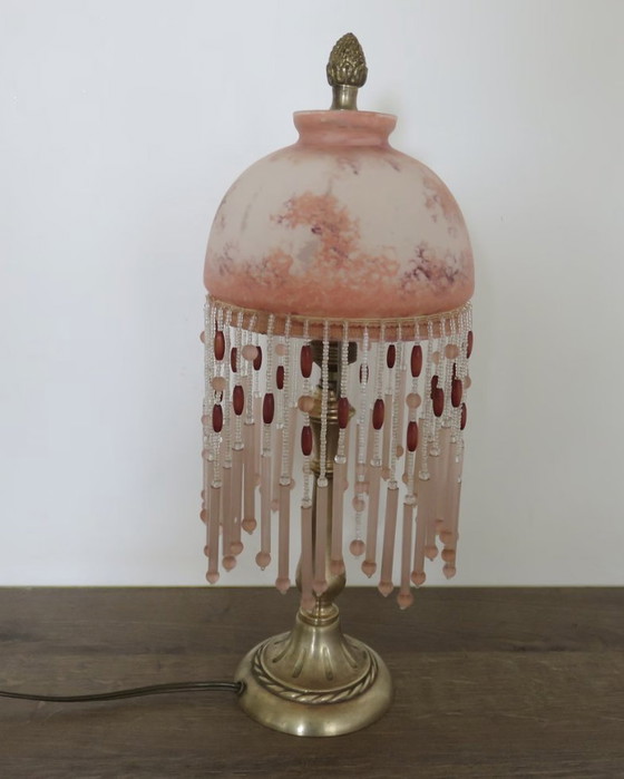 Image 1 of Victoriaanse Brons en Marmora Glas Kralen Franje Lamp 1960