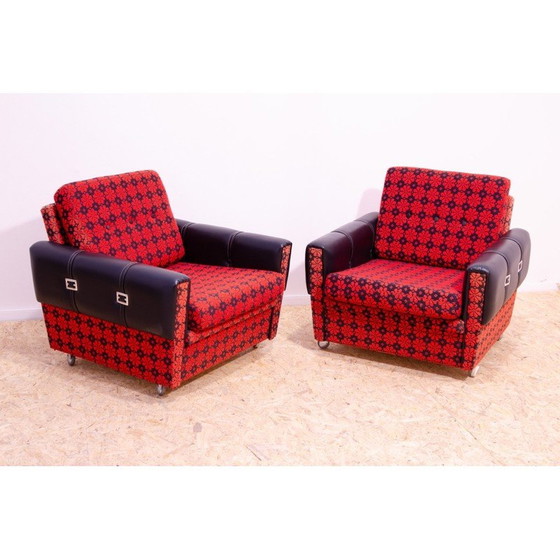 Image 1 of Paar vintage fauteuils in kunstleer en stof, Tsjechoslowakije 1970