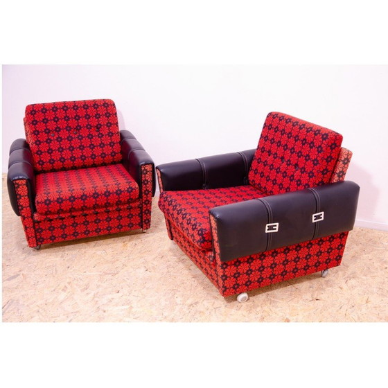 Image 1 of Paar vintage fauteuils in kunstleer en stof, Tsjechoslowakije 1970