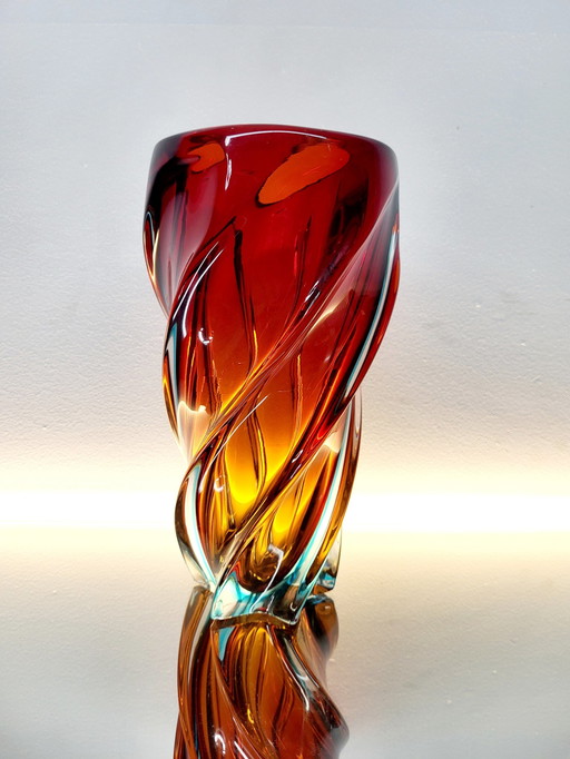 Murano Meerkleurige Glazen Gedraaide Vaas, Somserso-Techniek, Italy, Jaren 70