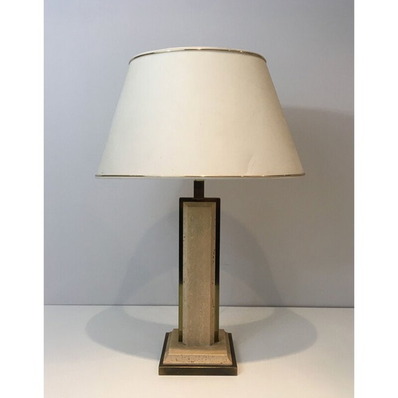 Image 1 of Vintage lamp in travertin en goudkleurig chroom, Frankrijk 1970