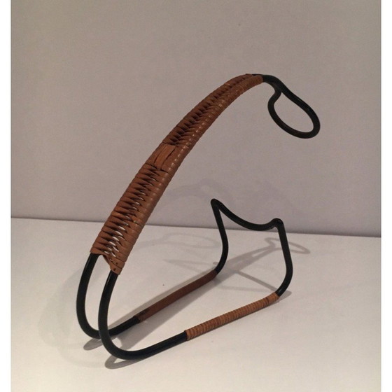 Image 1 of Scandinavische vintage flessenhouder van zwart gelakt metaal en rotan, jaren 1950