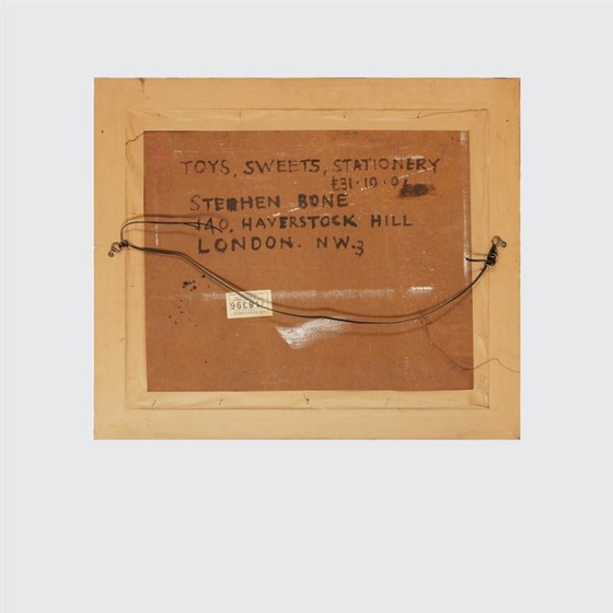 Image 1 of Vintage olieverf op board "Toys, sweets, stationary" door Stephen Bone