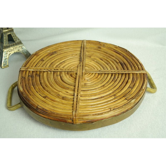 Image 1 of Vintage rond rotan en messing dienblad, Italië 1970