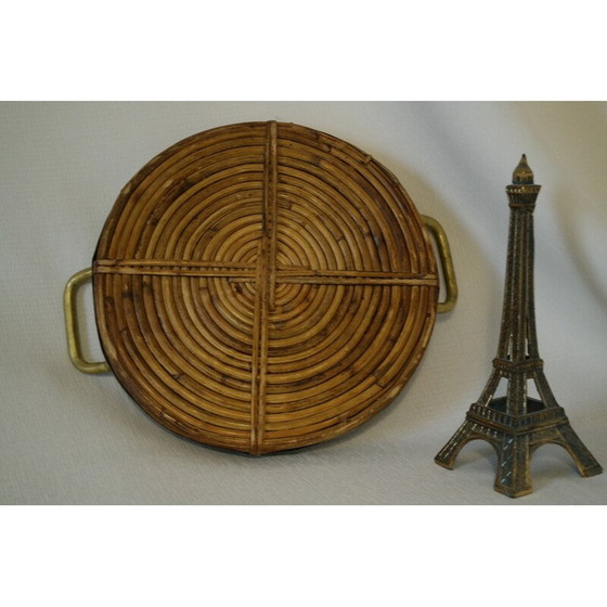 Image 1 of Vintage rond rotan en messing dienblad, Italië 1970