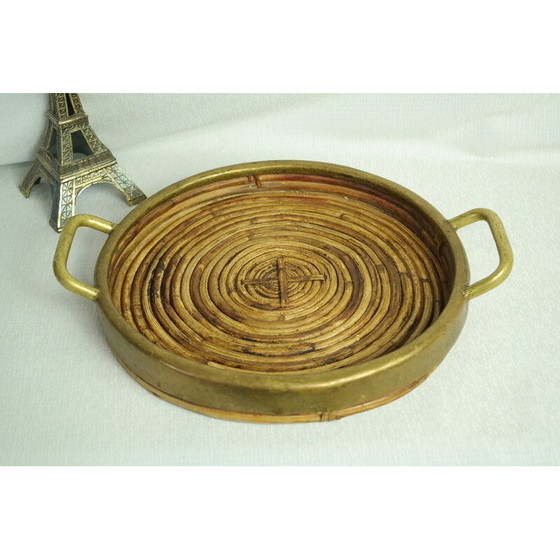 Image 1 of Vintage rond rotan en messing dienblad, Italië 1970