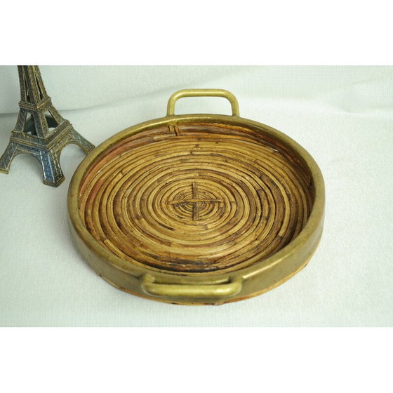 Image 1 of Vintage rond rotan en messing dienblad, Italië 1970