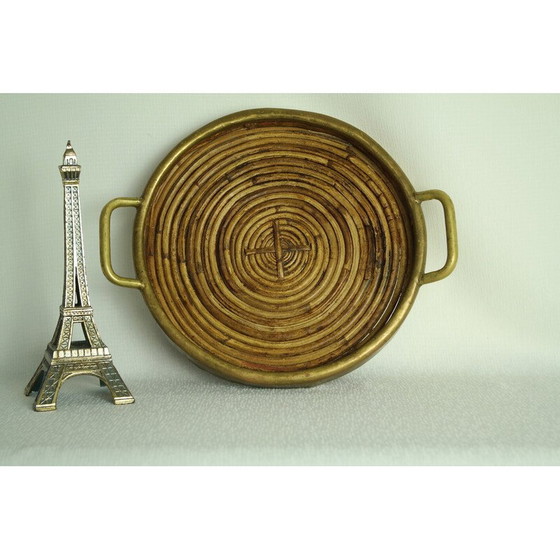 Image 1 of Vintage rond rotan en messing dienblad, Italië 1970