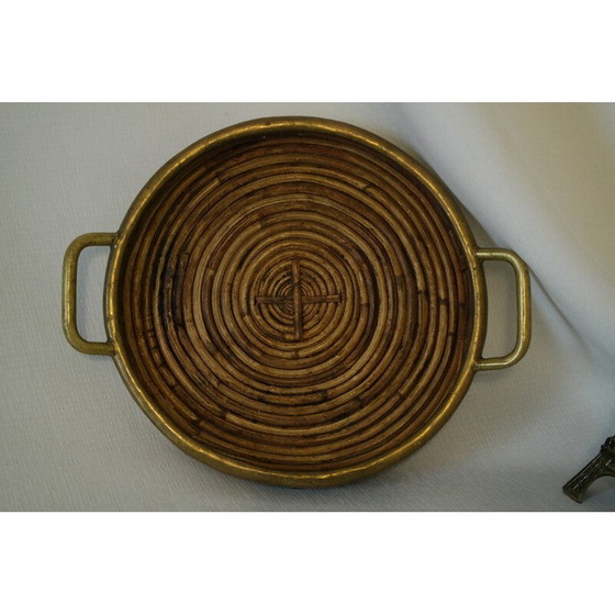 Image 1 of Vintage rond rotan en messing dienblad, Italië 1970