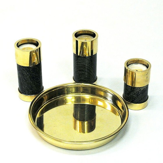 Image 1 of Set van 3 vintage kandelaars in messing en steen van Saulo Sulitjelma, Noorwegen 1970