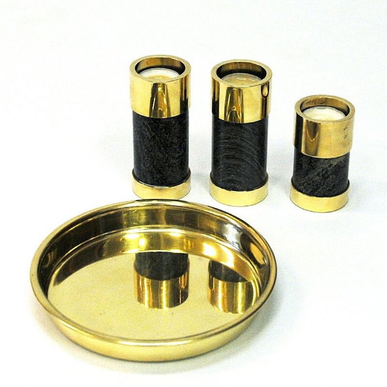 Image 1 of Set van 3 vintage kandelaars in messing en steen van Saulo Sulitjelma, Noorwegen 1970